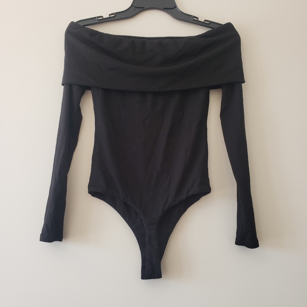 AFRM ribbed off the shoulder black bodysuit thong bottom XS
